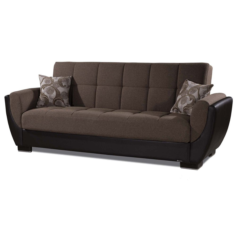 93" Brown Chenille And Faux Leather Convertible Futon Sleeper Sofa And Toss Pillows With Storage