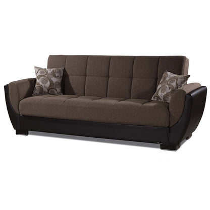 93" Brown Chenille And Faux Leather Convertible Futon Sleeper Sofa And Toss Pillows With Storage