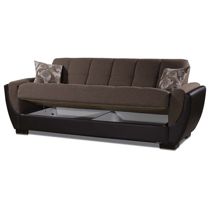 93" Brown Chenille And Faux Leather Convertible Futon Sleeper Sofa And Toss Pillows With Storage