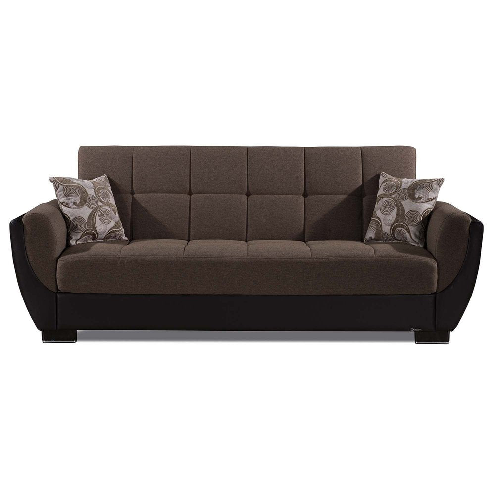 93" Brown Chenille And Faux Leather Convertible Futon Sleeper Sofa And Toss Pillows With Storage