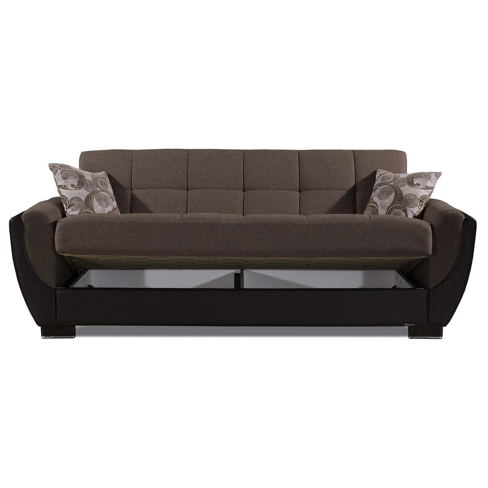 93" Brown Chenille And Faux Leather Convertible Futon Sleeper Sofa And Toss Pillows With Storage