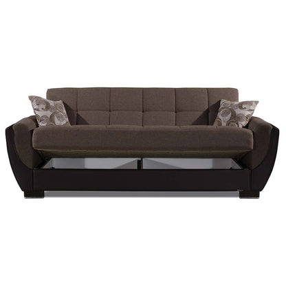 93" Brown Chenille And Faux Leather Convertible Futon Sleeper Sofa And Toss Pillows With Storage