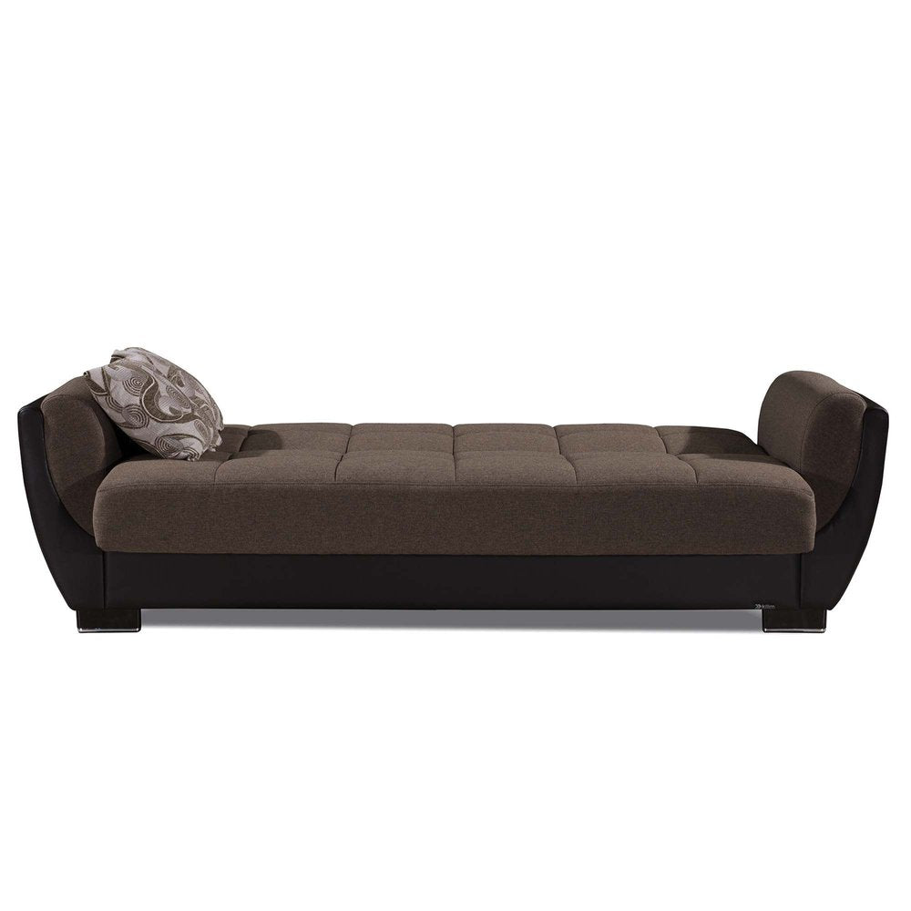 93" Brown Chenille And Faux Leather Convertible Futon Sleeper Sofa And Toss Pillows With Storage