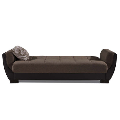93" Brown Chenille And Faux Leather Convertible Futon Sleeper Sofa And Toss Pillows With Storage