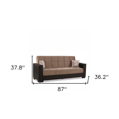87" Sand And Brown Chenille And Faux Leather Convertible Futon Sleeper Sofa And Toss Pillows With Storage