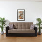 87" Sand And Brown Chenille And Faux Leather Convertible Futon Sleeper Sofa And Toss Pillows With Storage