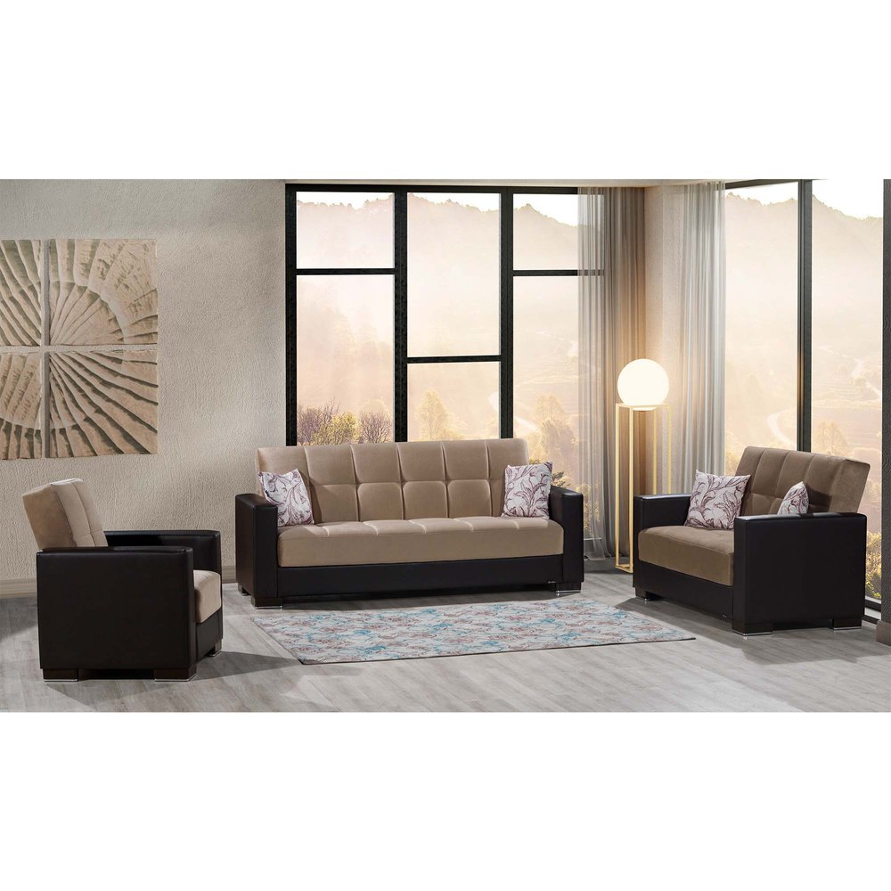 87" Sand And Brown Chenille And Faux Leather Convertible Futon Sleeper Sofa And Toss Pillows With Storage