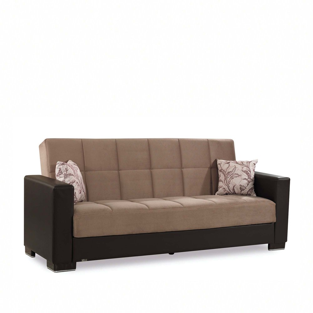 87" Sand And Brown Chenille And Faux Leather Convertible Futon Sleeper Sofa And Toss Pillows With Storage