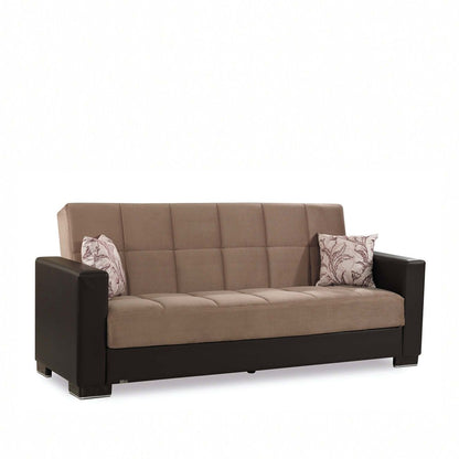 87" Sand And Brown Chenille And Faux Leather Convertible Futon Sleeper Sofa And Toss Pillows With Storage