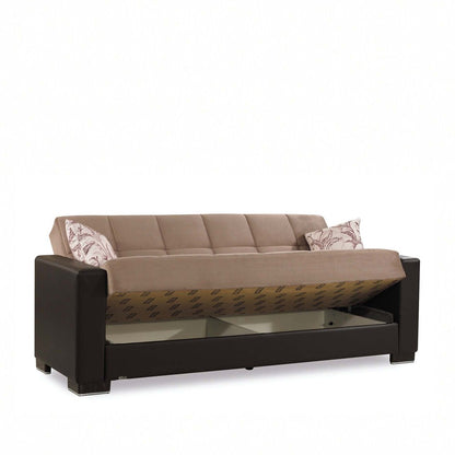 87" Sand And Brown Chenille And Faux Leather Convertible Futon Sleeper Sofa And Toss Pillows With Storage