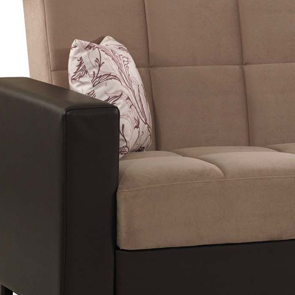 87" Sand And Brown Chenille And Faux Leather Convertible Futon Sleeper Sofa And Toss Pillows With Storage