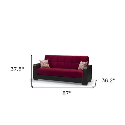 87" Burgundy Microfiber And Faux Leather Convertible Futon Sleeper Sofa And Toss Pillows With Storage