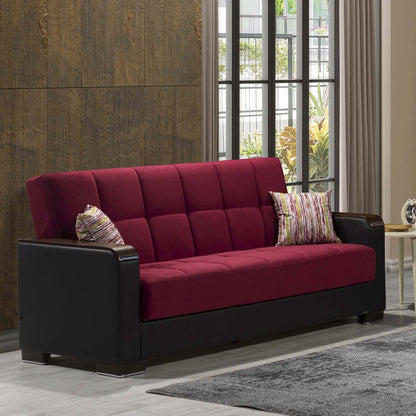 87" Burgundy Microfiber And Faux Leather Convertible Futon Sleeper Sofa And Toss Pillows With Storage