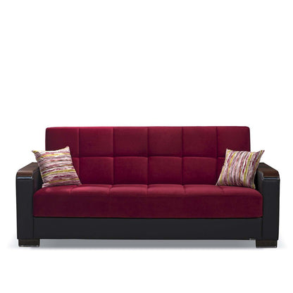 87" Burgundy Microfiber And Faux Leather Convertible Futon Sleeper Sofa And Toss Pillows With Storage