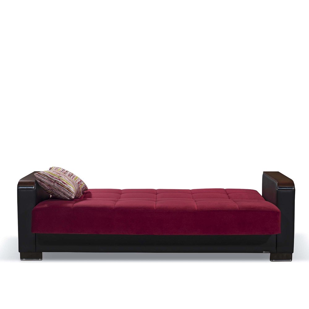 87" Burgundy Microfiber And Faux Leather Convertible Futon Sleeper Sofa And Toss Pillows With Storage