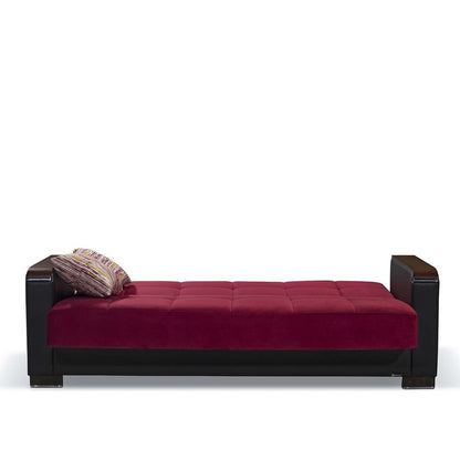87" Burgundy Microfiber And Faux Leather Convertible Futon Sleeper Sofa And Toss Pillows With Storage
