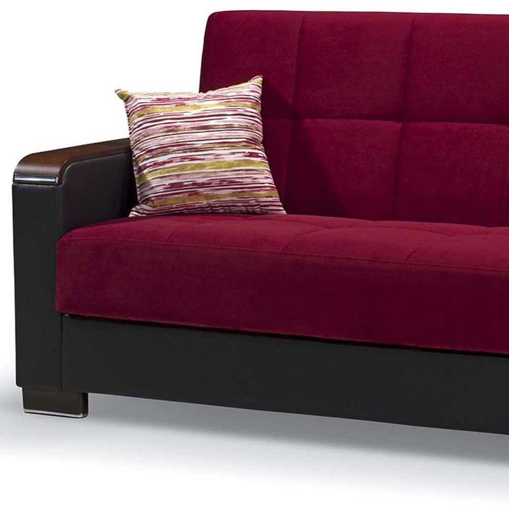 87" Burgundy Microfiber And Faux Leather Convertible Futon Sleeper Sofa And Toss Pillows With Storage