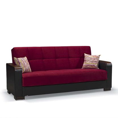 87" Burgundy Microfiber And Faux Leather Convertible Futon Sleeper Sofa And Toss Pillows With Storage
