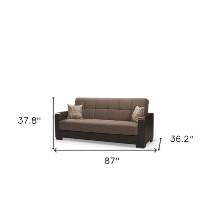 87" Brown Chenille And Faux Leather Convertible Futon Sleeper Sofa And Toss Pillows With Storage