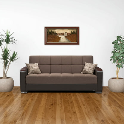 87" Brown Chenille And Faux Leather Convertible Futon Sleeper Sofa And Toss Pillows With Storage