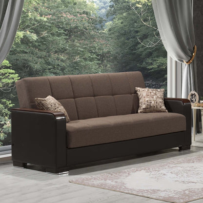 87" Brown Chenille And Faux Leather Convertible Futon Sleeper Sofa And Toss Pillows With Storage