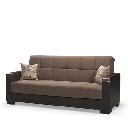 87" Brown Chenille And Faux Leather Convertible Futon Sleeper Sofa And Toss Pillows With Storage