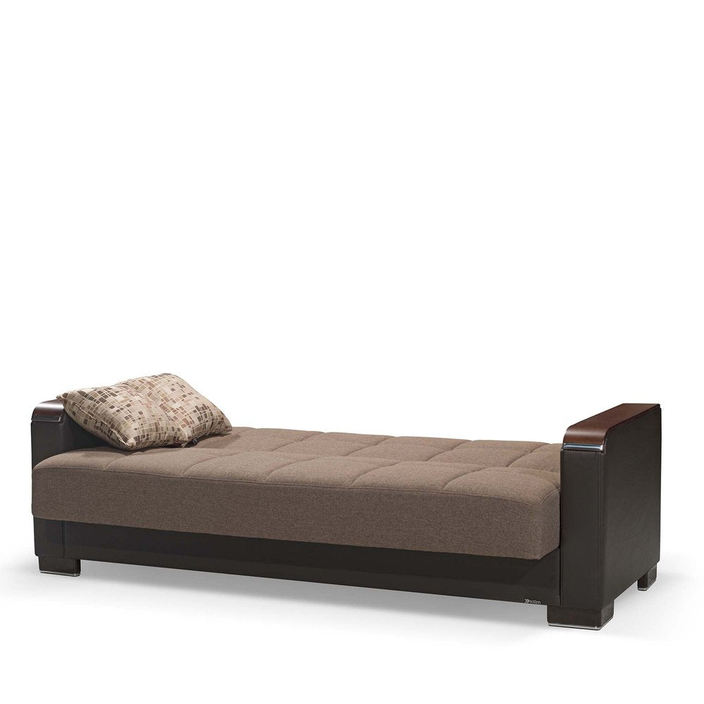 87" Brown Chenille And Faux Leather Convertible Futon Sleeper Sofa And Toss Pillows With Storage