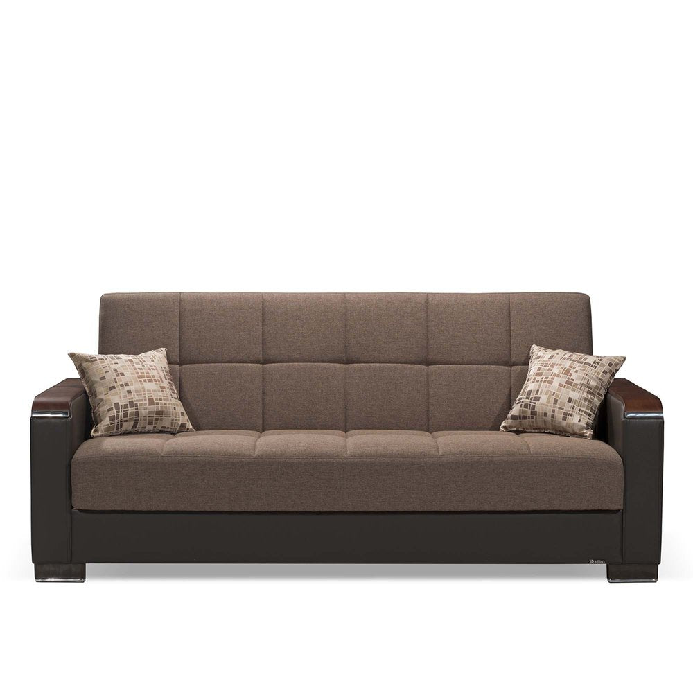 87" Brown Chenille And Faux Leather Convertible Futon Sleeper Sofa And Toss Pillows With Storage