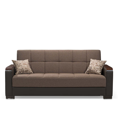 87" Brown Chenille And Faux Leather Convertible Futon Sleeper Sofa And Toss Pillows With Storage