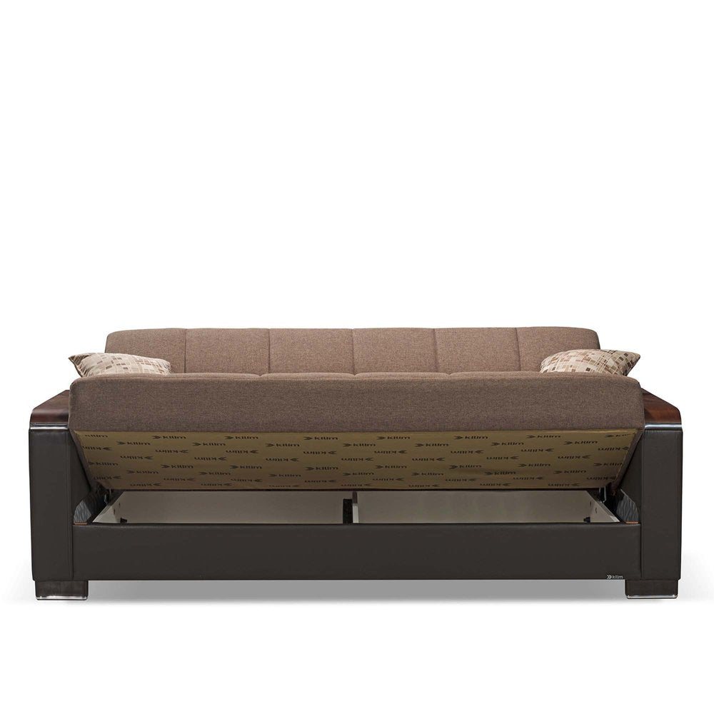 87" Brown Chenille And Faux Leather Convertible Futon Sleeper Sofa And Toss Pillows With Storage