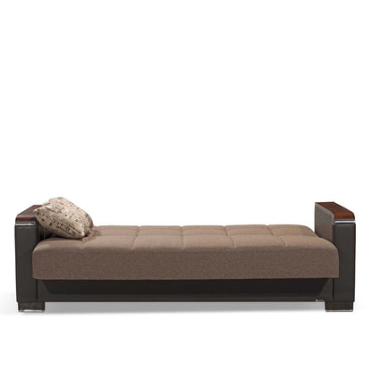 87" Brown Chenille And Faux Leather Convertible Futon Sleeper Sofa And Toss Pillows With Storage