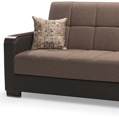 87" Brown Chenille And Faux Leather Convertible Futon Sleeper Sofa And Toss Pillows With Storage