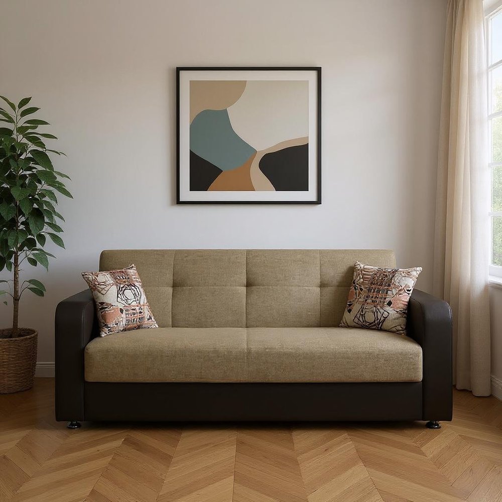 90" Brown Chenille And Faux Leather Convertible Futon Sleeper Sofa And Toss Pillows With Storage