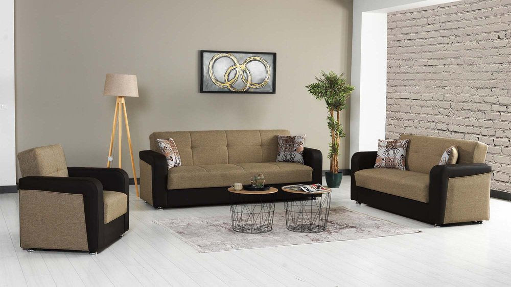 90" Brown Chenille And Faux Leather Convertible Futon Sleeper Sofa And Toss Pillows With Storage