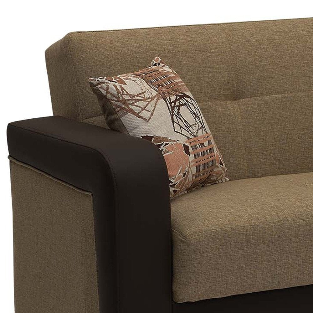 90" Brown Chenille And Faux Leather Convertible Futon Sleeper Sofa And Toss Pillows With Storage