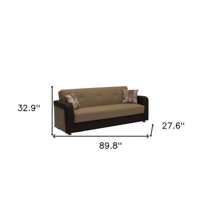 90" Brown Chenille And Faux Leather Convertible Futon Sleeper Sofa And Toss Pillows With Storage
