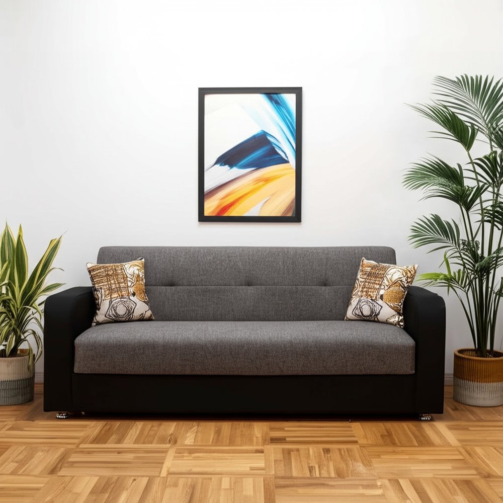 90" Gray Chenille And Faux Leather Convertible Futon Sleeper Sofa And Toss Pillows With Storage