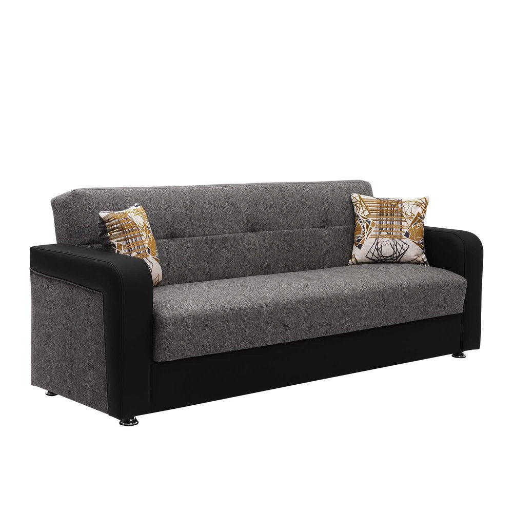 90" Gray Chenille And Faux Leather Convertible Futon Sleeper Sofa And Toss Pillows With Storage
