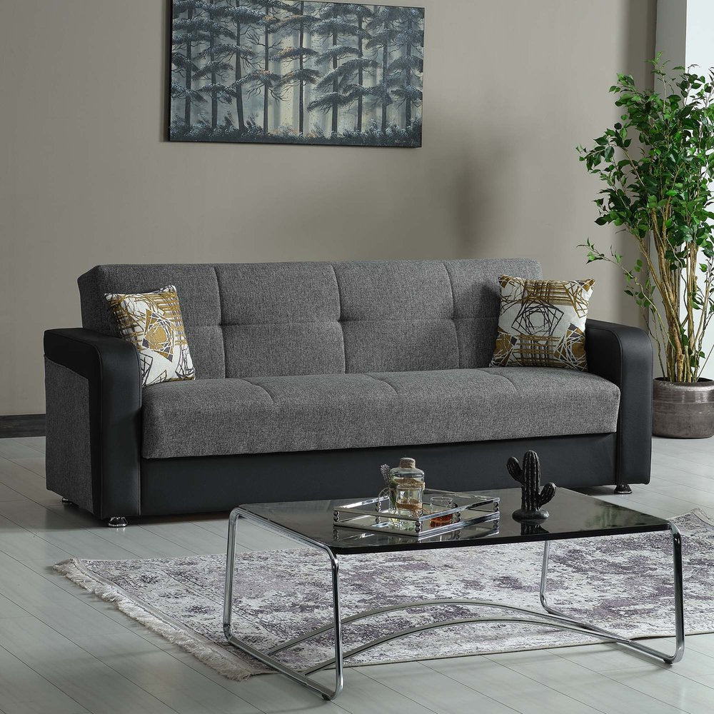 90" Gray Chenille And Faux Leather Convertible Futon Sleeper Sofa And Toss Pillows With Storage