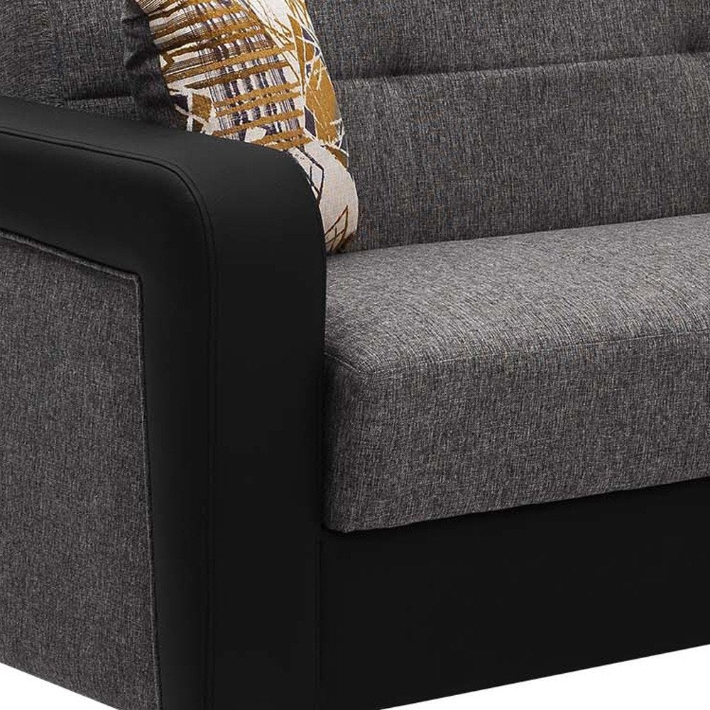 90" Gray Chenille And Faux Leather Convertible Futon Sleeper Sofa And Toss Pillows With Storage