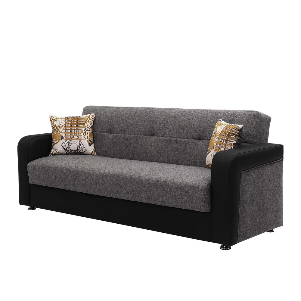 90" Gray Chenille And Faux Leather Convertible Futon Sleeper Sofa And Toss Pillows With Storage