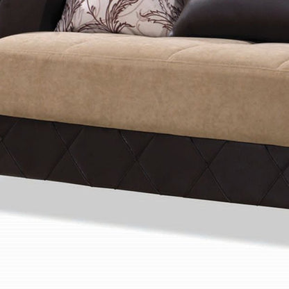 89" Brown Microfiber And Faux Leather Convertible Futon Sleeper Sofa And Toss Pillows With Storage