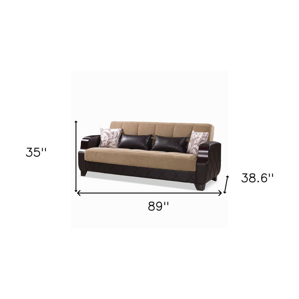 89" Brown Microfiber And Faux Leather Convertible Futon Sleeper Sofa And Toss Pillows With Storage