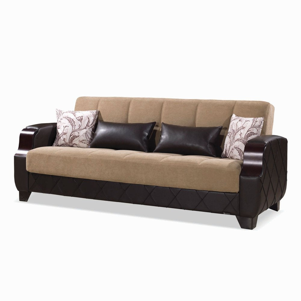 89" Brown Microfiber And Faux Leather Convertible Futon Sleeper Sofa And Toss Pillows With Storage