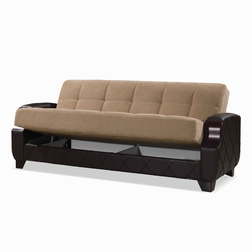 89" Brown Microfiber And Faux Leather Convertible Futon Sleeper Sofa And Toss Pillows With Storage