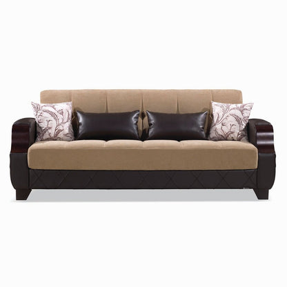 89" Brown Microfiber And Faux Leather Convertible Futon Sleeper Sofa And Toss Pillows With Storage