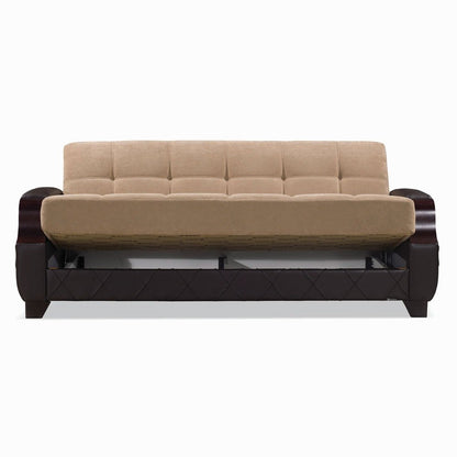 89" Brown Microfiber And Faux Leather Convertible Futon Sleeper Sofa And Toss Pillows With Storage