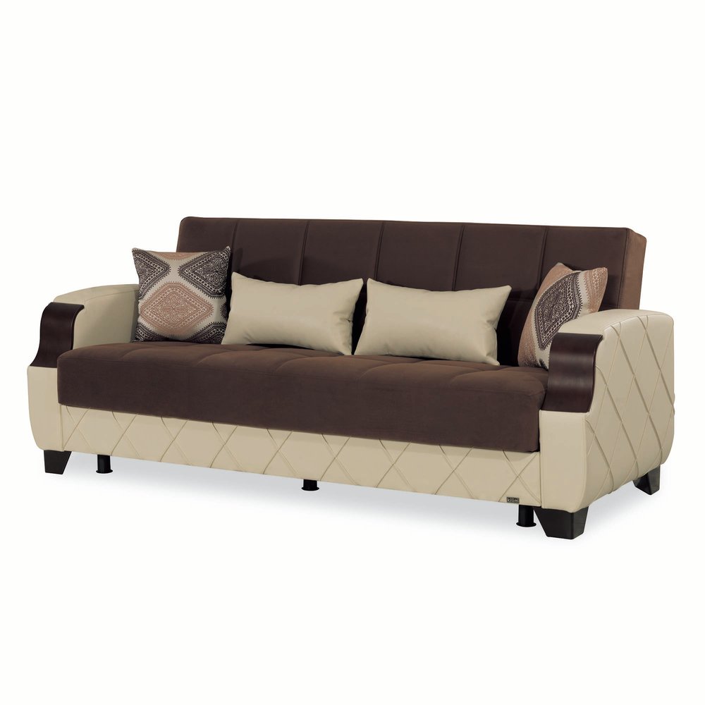 89" Brown And Cream Microsuede And Faux Leather Convertible Futon Sleeper Sofa And Toss Pillows With Storage