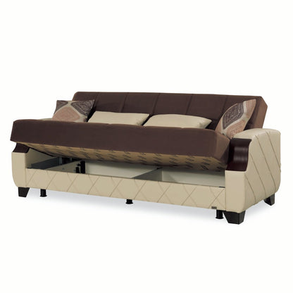 89" Brown And Cream Microsuede And Faux Leather Convertible Futon Sleeper Sofa And Toss Pillows With Storage