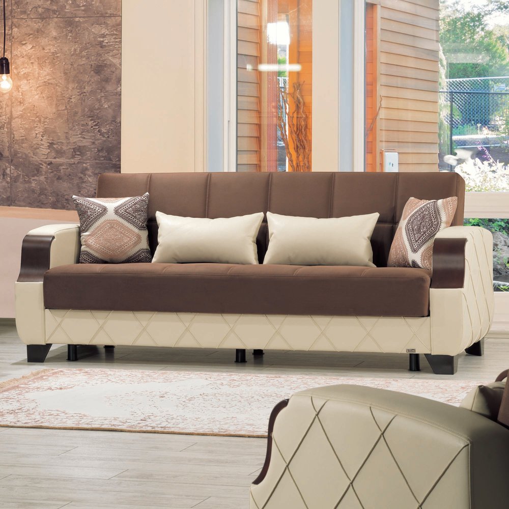 89" Brown And Cream Microsuede And Faux Leather Convertible Futon Sleeper Sofa And Toss Pillows With Storage